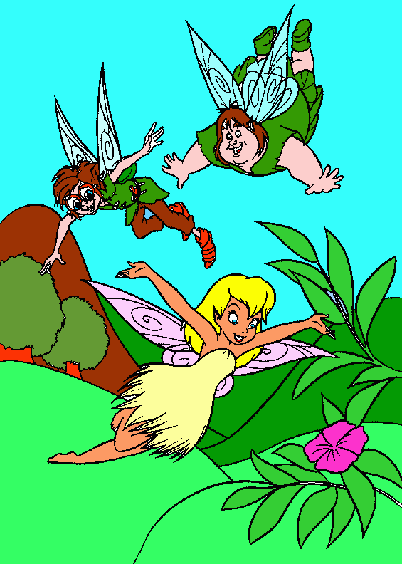 Campanilla y sus 2 amigos volando en Tinker Bell, Campanilla no esta vestida como suele estarlo si no con un traje que parece un diente de león! Me encanta este dibujo! para colorear