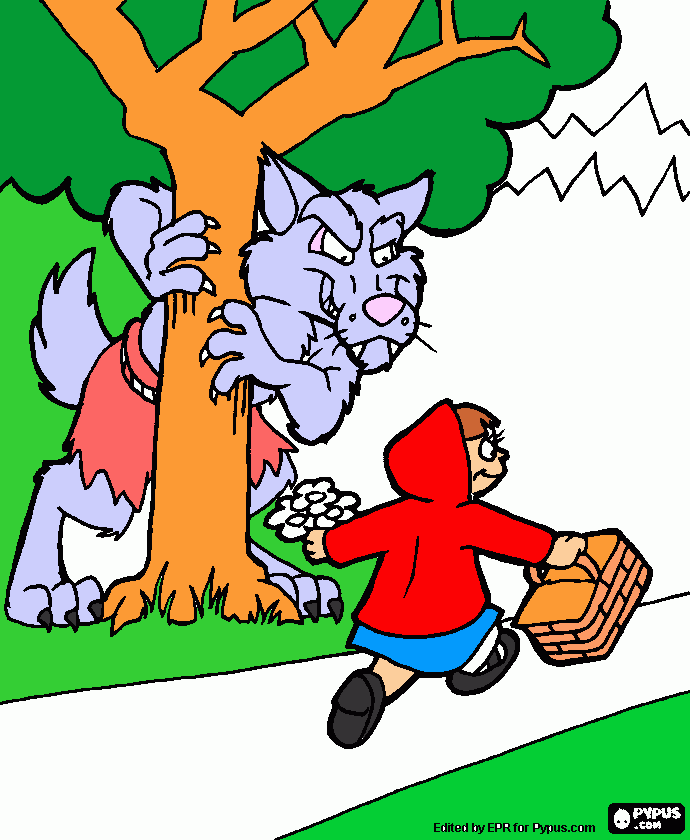 caperucita roja con el lobo escondido entre los arboles para colorear