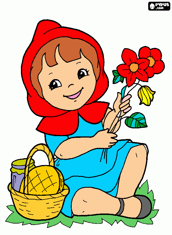 caperucita sigue jugando con las flores en el bosque para colorear