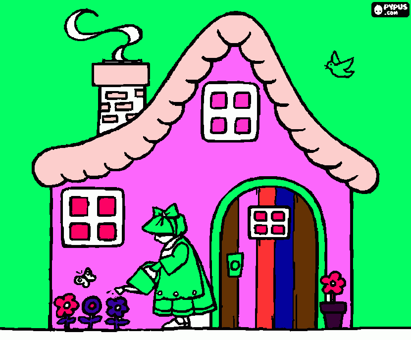 casa con rosa mariposa y palomas para colorear