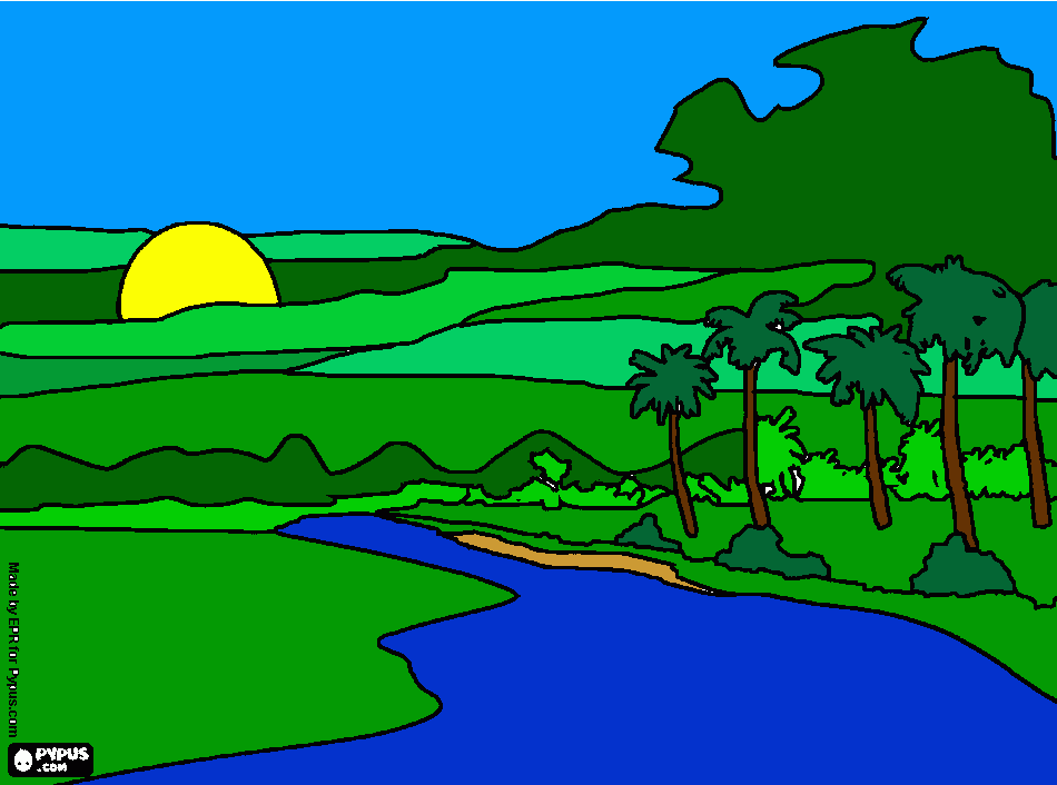 Ciencias Naturales, dibujo de un río, la vegetación y el sol para colorear