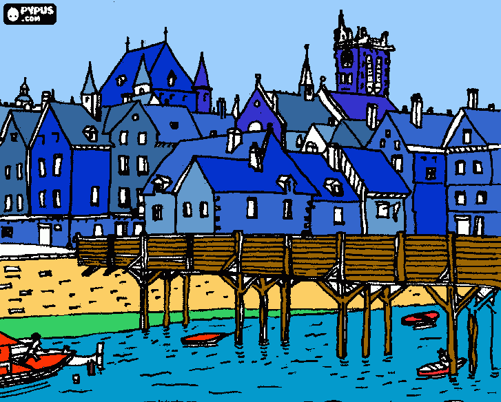 ciudad con rio para colorear