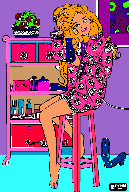 colorea a barbie secandose el pelo al lado de la secadora para colorear