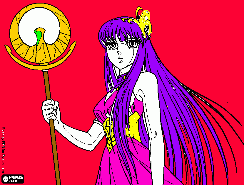 colorear a saori kido con el baculo de la diosa de la victoria nike.saori es la reencarnacion de athenea el el manga saint seiya para colorear