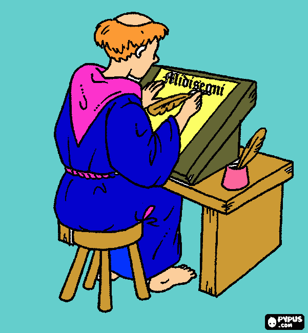 Colorear Monje copista trabajando con un cálamo de pluma y la tinta sobre un pergamino o papel en el scriptorium para colorear