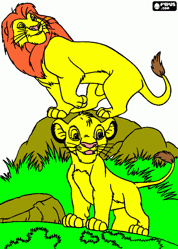 colorear simbacon su padre Mufasa, el rey leon para colorear