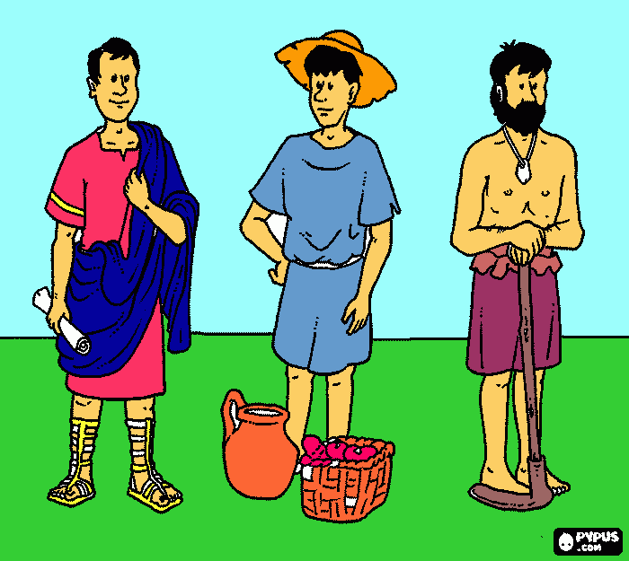 Colorear Tres representantes de la sociedad romana: el patricio (la aristocracia de propietarios), el plebeyo (el pueblo) y el esclavo (la mayoría prisioneros de guerra) para colorear