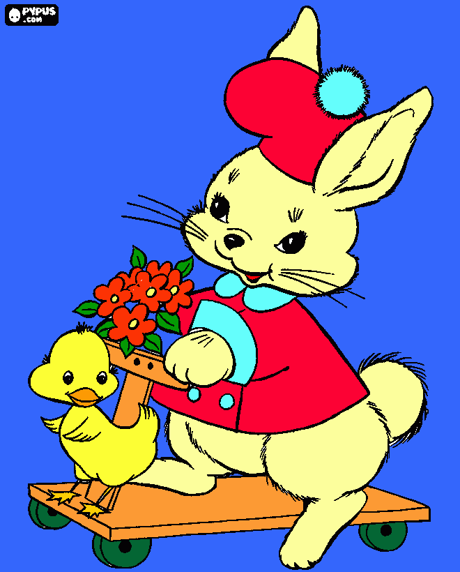 conejito y pollito en monopatin para colorear