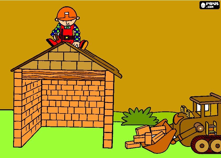construcción con muñeco encima para colorear