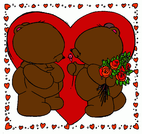 corazon,con 2 ositos enamorados a la  orilla muchos corazones para colorear