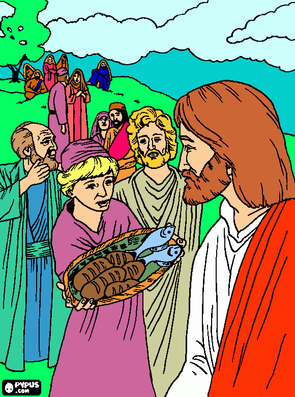 cuando el nene le dio 5 panes y 2 peces para alimentar a la multitud  para colorear