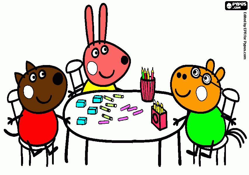 dani perro, rebecca liebre, y pedro pony estan sentados dibujando para colorear