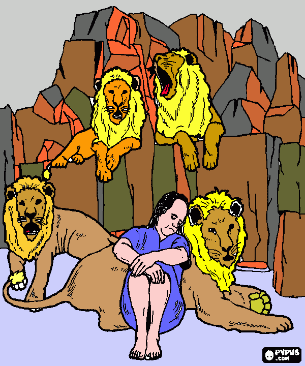 daniel en el foso de los leones  para colorear
