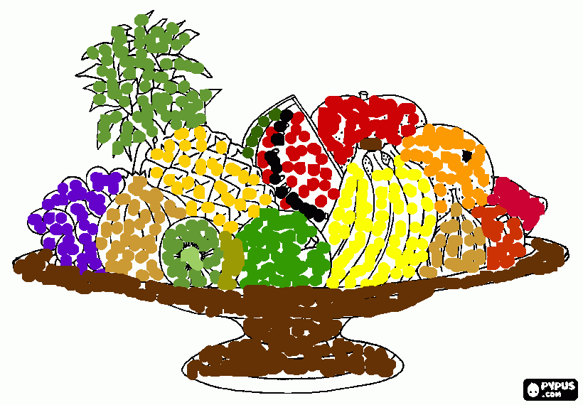 dibujo canasta de fruta coloreada a puntitos para colorear