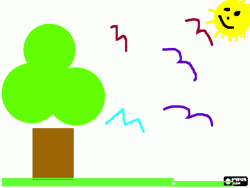 dibujo con árbol, pájaros y sol sonriente para colorear