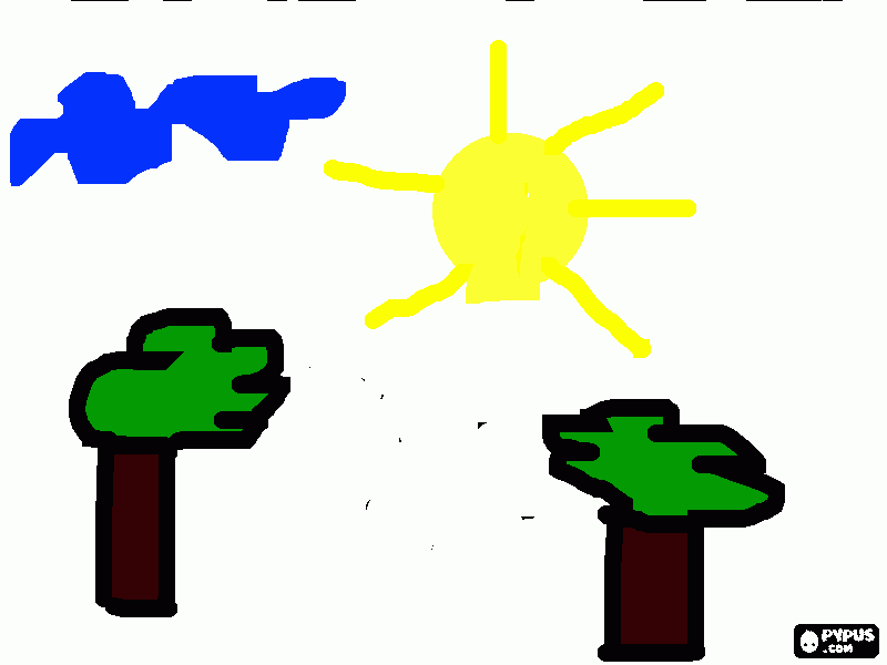 dibujo de la naturaleza: árboles, nube y sol para colorear