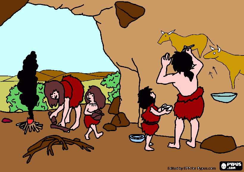 dibujo familia en cueva para colorear