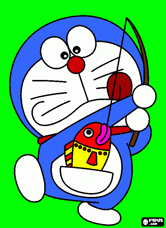 doraemon pescando un pez en su bolsillo magico para colorear