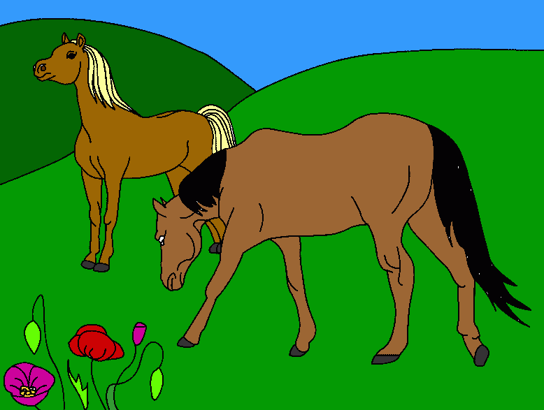 Dos caballos en el prado para colorear