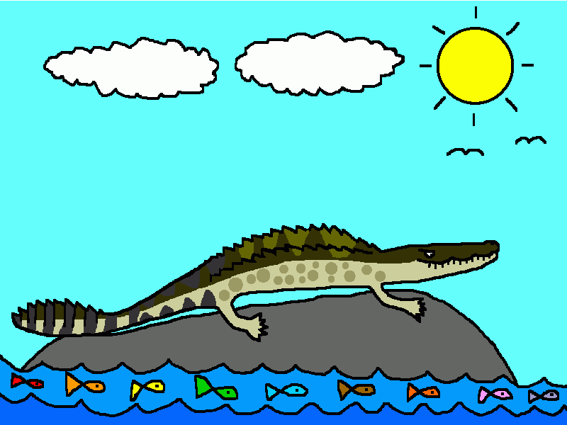 el cocodrilo sobre la roca, los pececitos en el agua para colorear