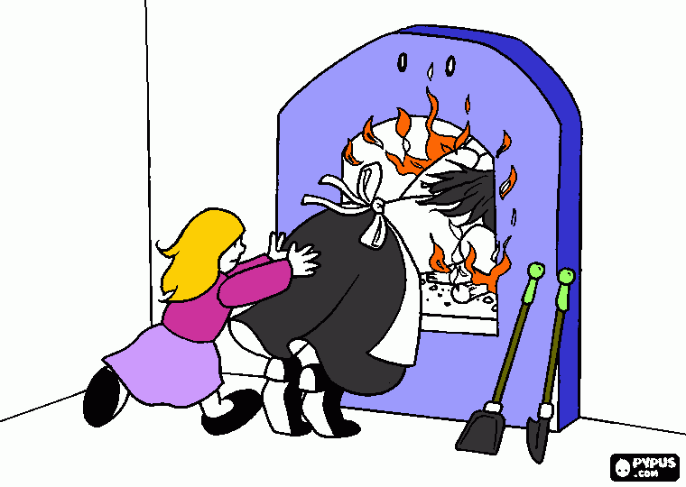 El dia en que la bruja decidi comerse a Hansel, Gretel empuja a la bruja dentro del fuego y los dos hermanos consiguen escapar para colorear
