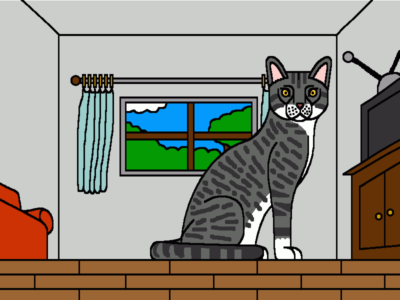 el gato sentado mirando al frente en una casa para colorear