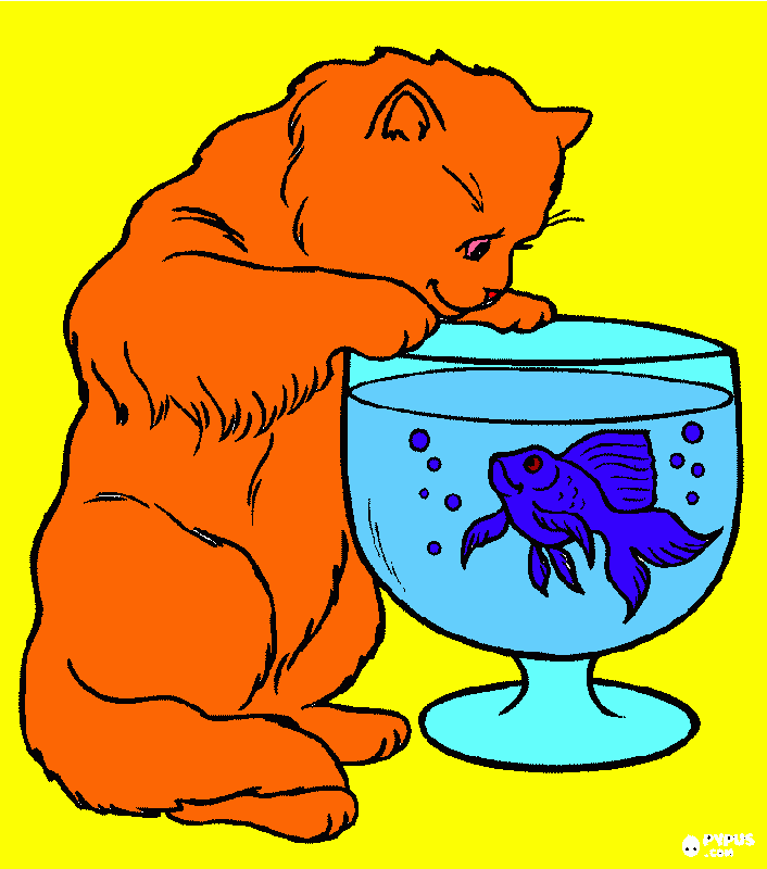 El gato y un pez en la pecera  para colorear