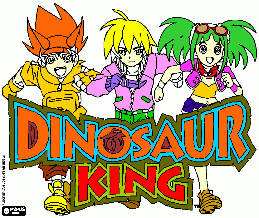 El logo de la serie animada Dinosaur King con Max , Rex y Zoe. para colorear
