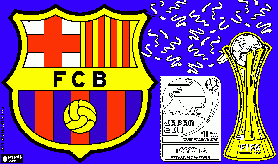 el marco es blanco tiene el  escudo del barça tiene el escudo de la fifa world cup brasil y tiene el escudo de fifa world cup japan  para colorear