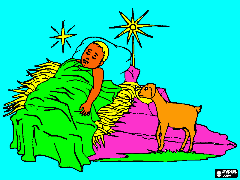 el niño jesus en el pesebre con una cabrita y solo  para colorear