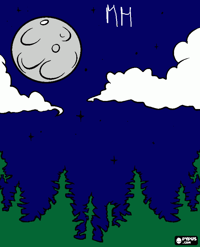 el paisaje nocturno con luna llena en un bosque para colorear