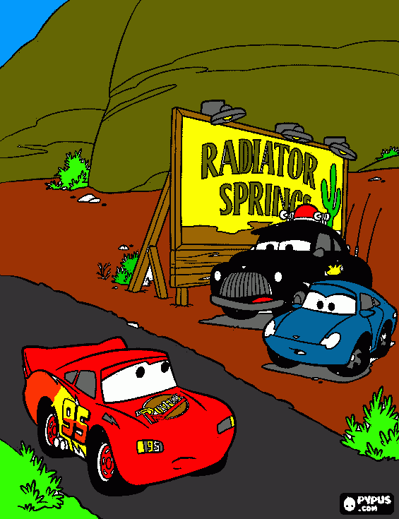 El Rayo Mcqueen sin combustible barado en la carretera frente a sally y sherif para colorear