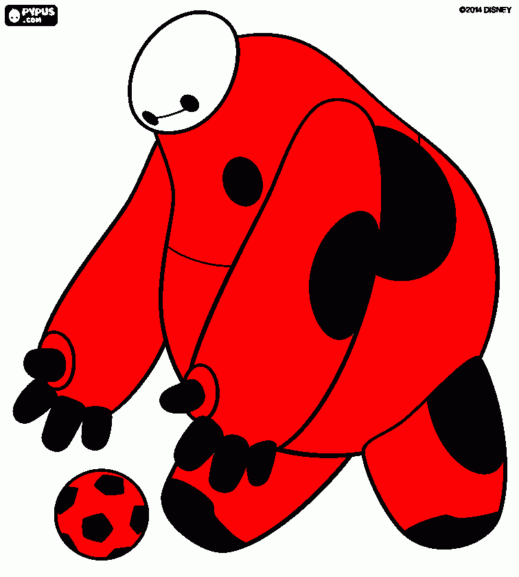 El robot inflable Baymax intentando coger un balón de fútbol , de la peli Big Hero 006. para colorear