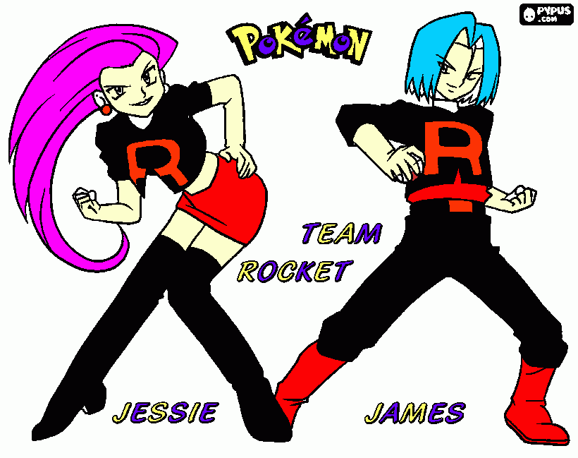 El Team Rocket es una malvada organización que captura , roba y rapta a pokemons extraordinarios y persiguen al picachu de Ash en todas las temporadas de la serie , está bajo el mando de giovanni y formado por Jessie , James y Meothow. Siempre fracasan su para colorear