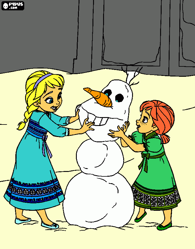 elsa y ana creando a olaf para colorear