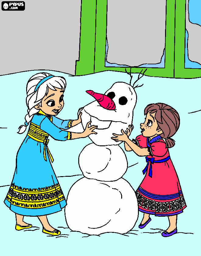 elsa y ana hacen un muñeco para colorear