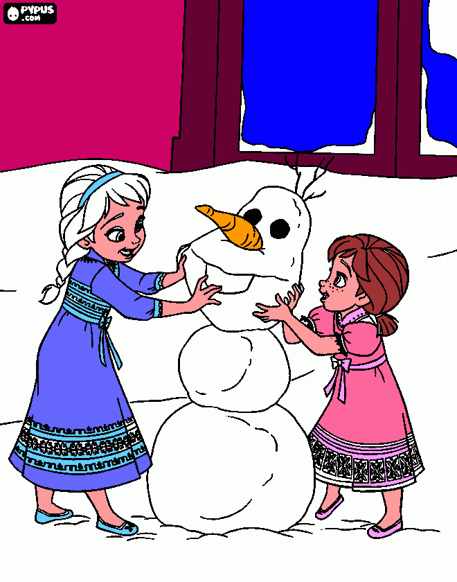 elsa y ana haciendo un muñeco de nieve que se llama olaf para colorear