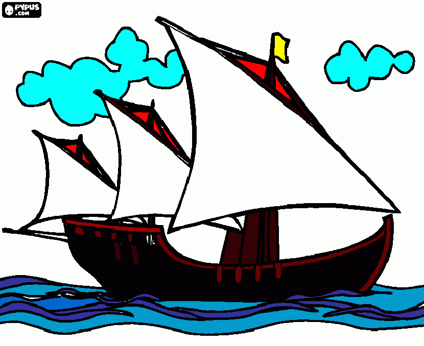 en este dibujo esta uno de las carabelas de Cristobal Colón navegando en busca de nuevas tierras  para colorear