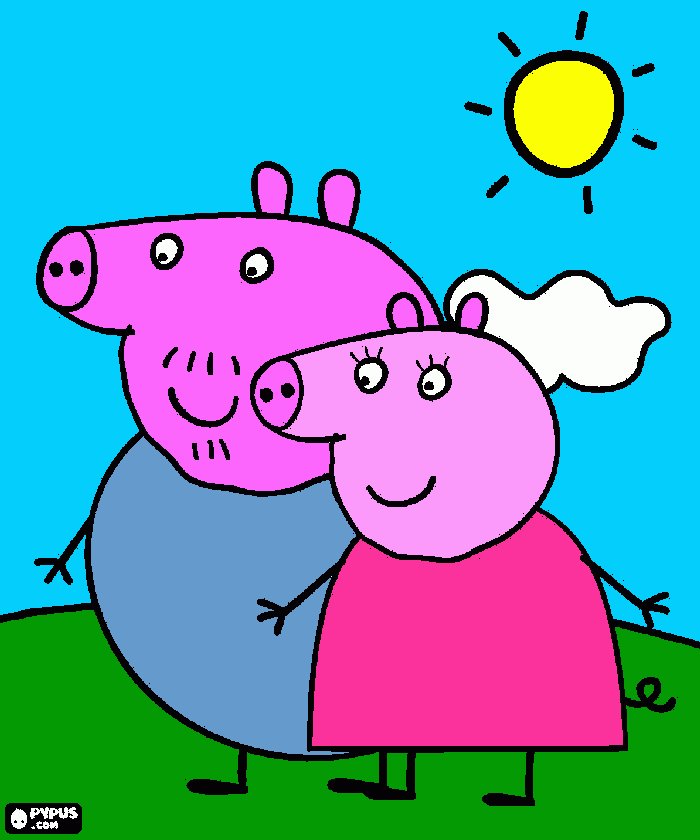 es mama cerdito y papa cerdito caminando yarriba un gran SOL Y una linda nuve bendiciones para colorear