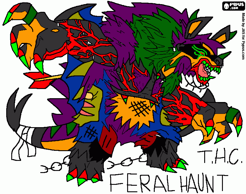 Es muy terrorífico, parece una bestia de Tim Burton y es la mascota del Rey Emperardor Planet Halloween  para colorear