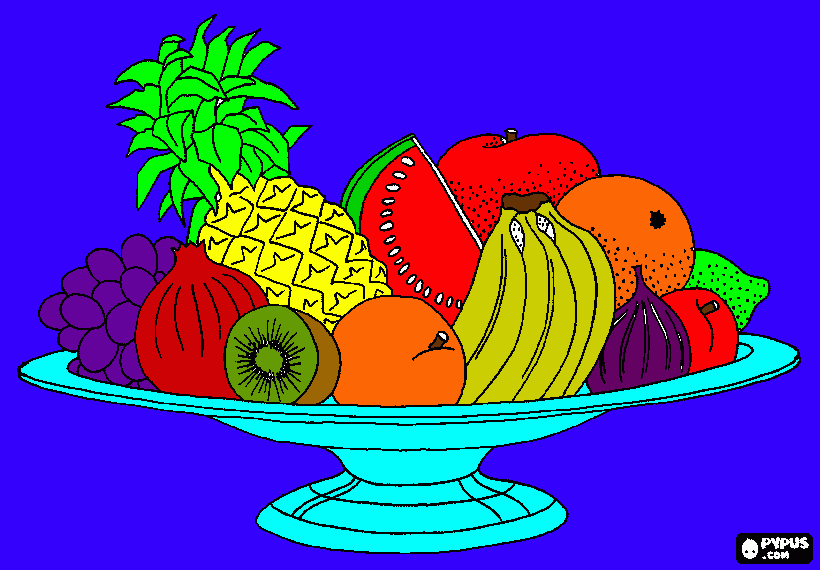 es un frutero con demasiadas frutas para colorear