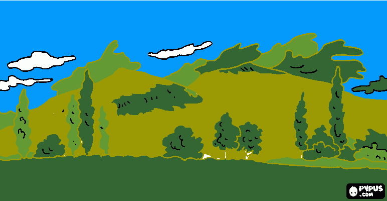 es una montaña con arboles y nubes para colorear