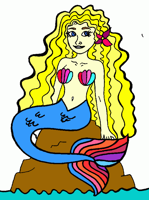es una sirena  muy hermosa rubia,blanca, tiene un adorno en el pelo tiene la cola azul y el final de su cola es de colores. para colorear
