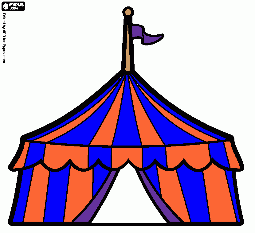 Es una tienda de campaña de circo de colores azul y naranja . para colorear