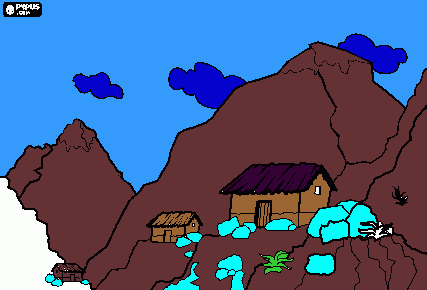 es unas montañas y  3 casas para colorear