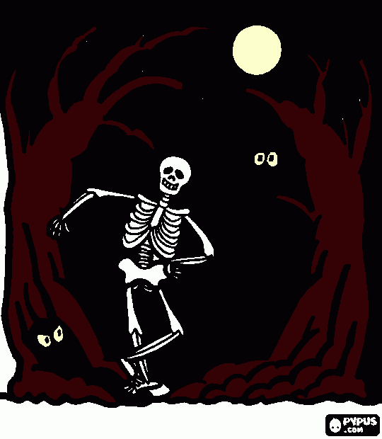 esqueleto y buho en el bosque con luna llena en la noche de halloween para colorear