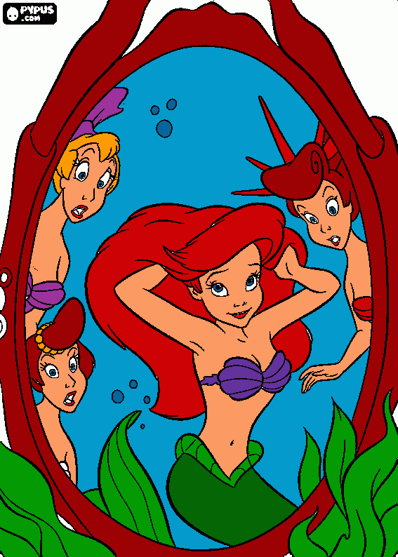 estas son ariel y unas de sus hermanas mirandose al espejo para colorear