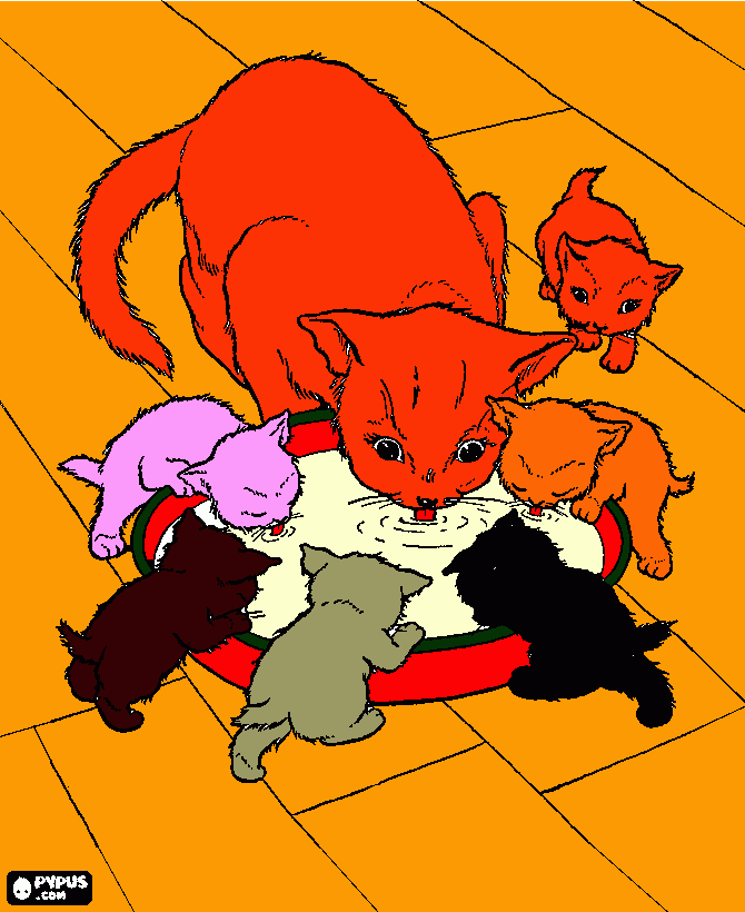 familia de gatos bebiendo leche  para colorear