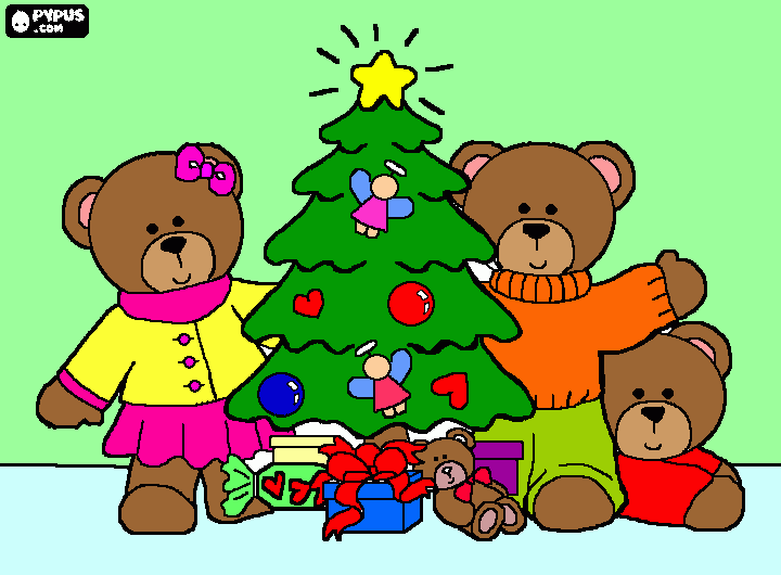 familia de osos en arbol de navidad para colorear