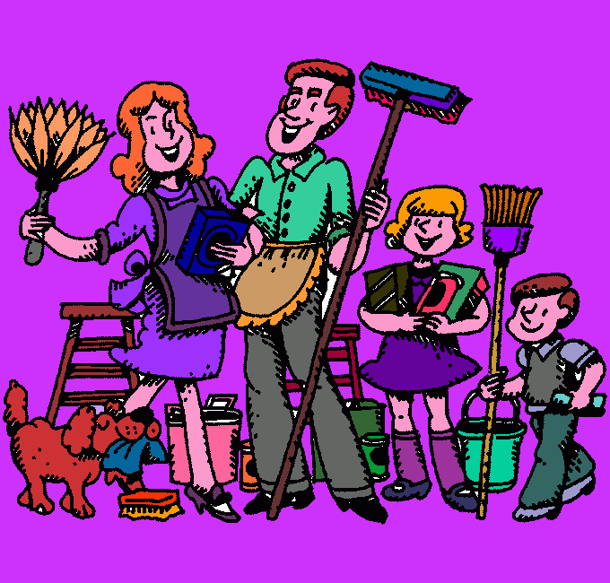 familia limpiando para colorear